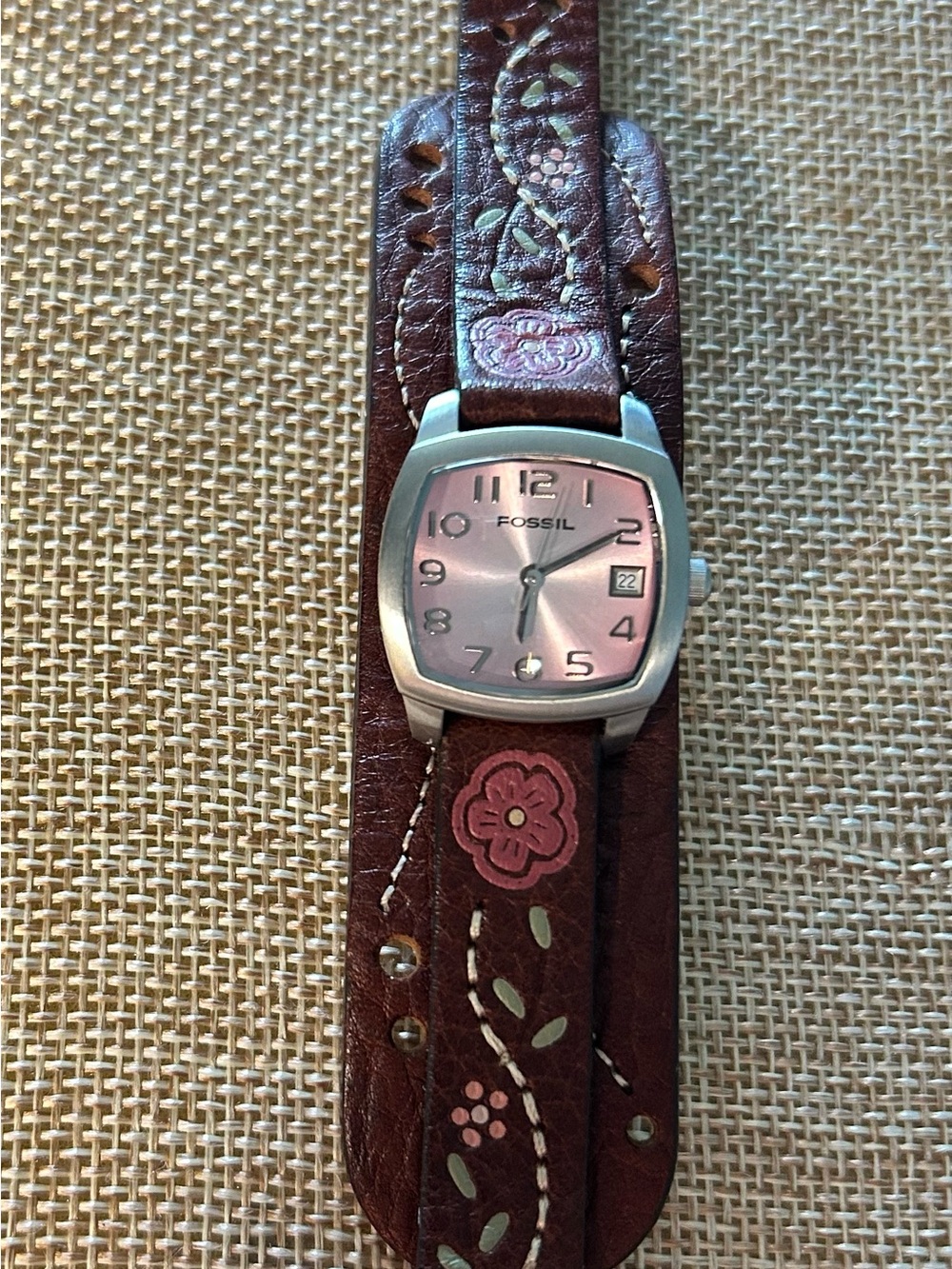 Fossil Women's Brown Floral Leather Watch with Pink Dial - Vintage !